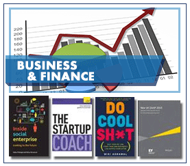 Business and Finance text link label over pie chart graph and four book cover images below