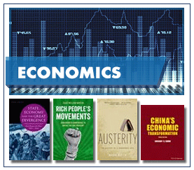 Economics text link label over blue graphs and numbers with 4 book covers in a row below.