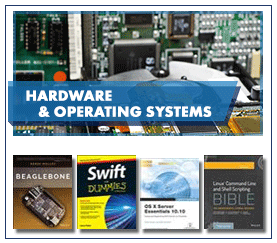 Hardware and operating systems white capitalised text on semi-transparent blue label over circuit boards with 4 book jacket images below.