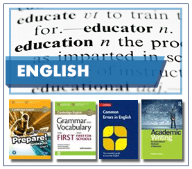 English in white capitalised text on a semi-transparent blue label over excerpt from book of dictionary definition of education with 4 exmaple book jacket images below.