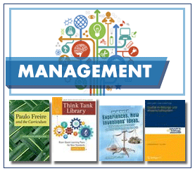 Management in white capitalised text on a semi-transparent blue label over multi-coloured illustrated bulbble diagram of icons representing daily tasks with 4 book jacket images below.