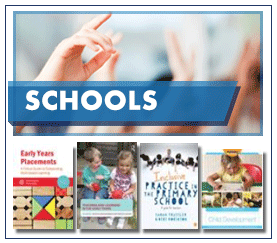 Schools in white capitalised text on a semi-transparent blue label over hands raised in a classroom with 4 book jacket images below.