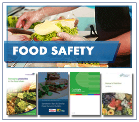 Food Safety in white capitalised text on a semi-transparent blue label over hands waering hygiene gloves building a sandwich with 4 book jacket images below.