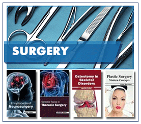 Surgery in white capitalised text on a semi-transparent blue label over stainless steel surgery instruments lined up on blue-green cloth over 4 example book jackets.