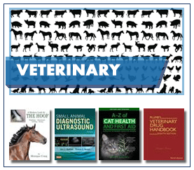 Veterinary in white capitalised text on a semi-transparent blue label over lines of silouhetted animals of smaller sizes from cow to cats and dogs over 4 example book covers.