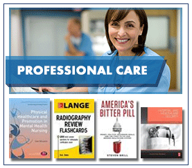 Professional Care in white capitalised text on a semi-transparent blue label over nurse smiling to viewer holding clipboard and pen in hospital with 4 example book jacket images below.