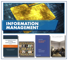 Information Management in white capitalised text on a semi-transparent blue label over digital image of golden program folder on blue data background with 4 book jacket images below.