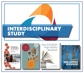 Interdisciplinary Study in white capitalised text on a semi-transparent blue label over a yellow, blue and red interlinking arcs of colour with 4 example book jackets below.