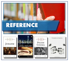 Reference in white capitalised text on a semi-transparent blue label over a hand pulling a book from a library bookshelf witha line of books out of focus in the background and 4 book jacket images below.
