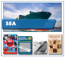 Sea in white capitalised text on a semi-transparent blue label over a cargo ship on water during a clear blue sky day with 4 book jacket images below.