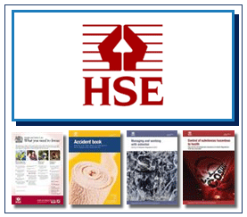 HSE red logo of Health and Safety Executive on white background.