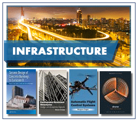 Infrastructure text label over time-lapse image of city at night with 4 exmaple book covers below.