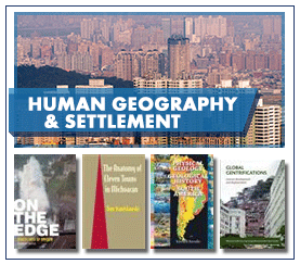 Human Geography and Settlement white capitalised text on semi transparent blue label over high-rise residential city sector with 4 exmaple book covers below.