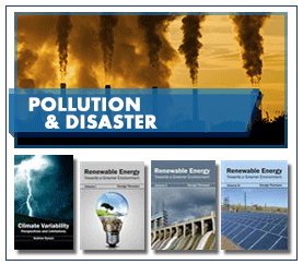 Pollution and Disaster white capitalised text on a semi-transparent blue lablel over five power station chimneys in low golden sunlight with four book cover images below.